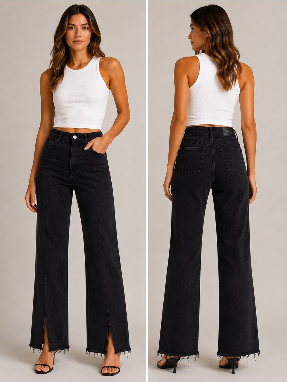 NWT RISEN Black High Rise Raw Hem Front Slit Flare Jeans Size 11/30 | 32” Inseam